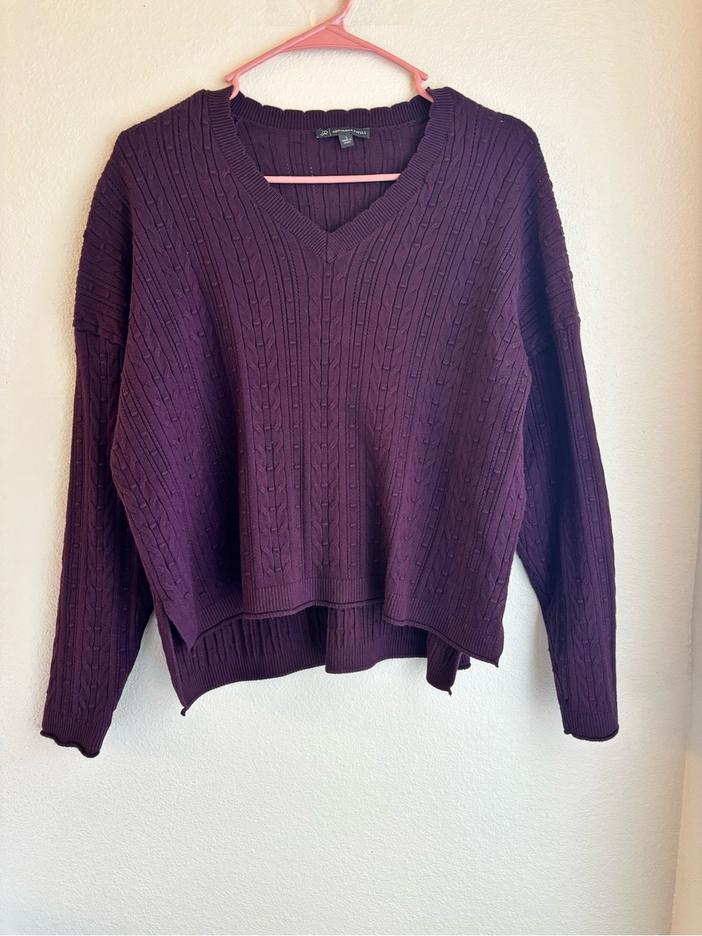 Adrianna Papell Size L Purple Cable Knit V-Neck Sweater Long Sleeve Oversized